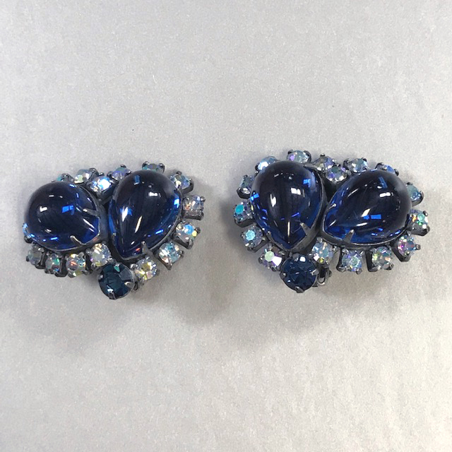 REGENCY earrings with large deep blue teardrop shaped lush cabochons