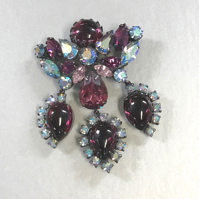 REGENCY brooch with lovely purple glass cabochons and lavender aurora borealis