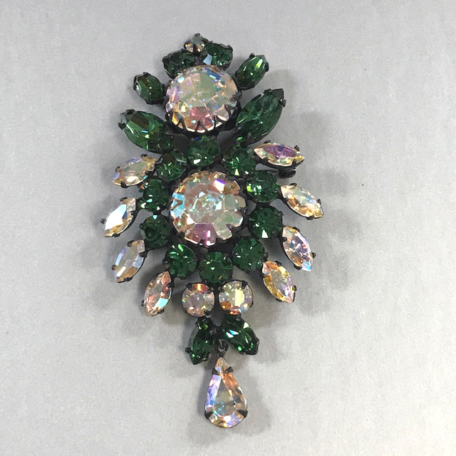 REGENCY brooch with emerald green and aurora borealis rhinestones