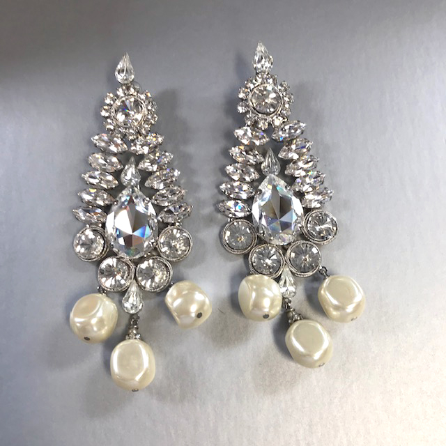 LARRY VRBA earrings with brilliant clear rhinestones accented by three glass pearl drops