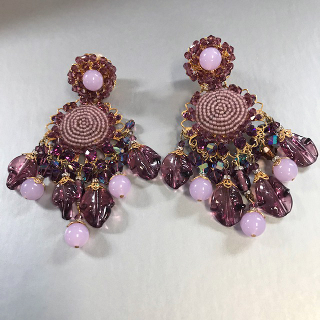 LARRY VRBA earrings with purple glass leaves and faceted aurora borealis beads