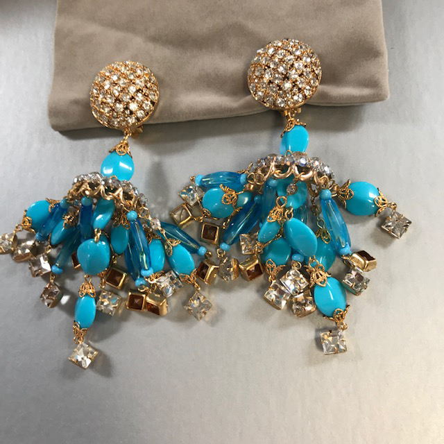 LARRY VRBA earrings with clusters of aqua glass beads and clear rhinestone accents
