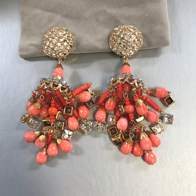 LARRY VRBA earrings with clusters of orange glass beads and clear rhinestone accents