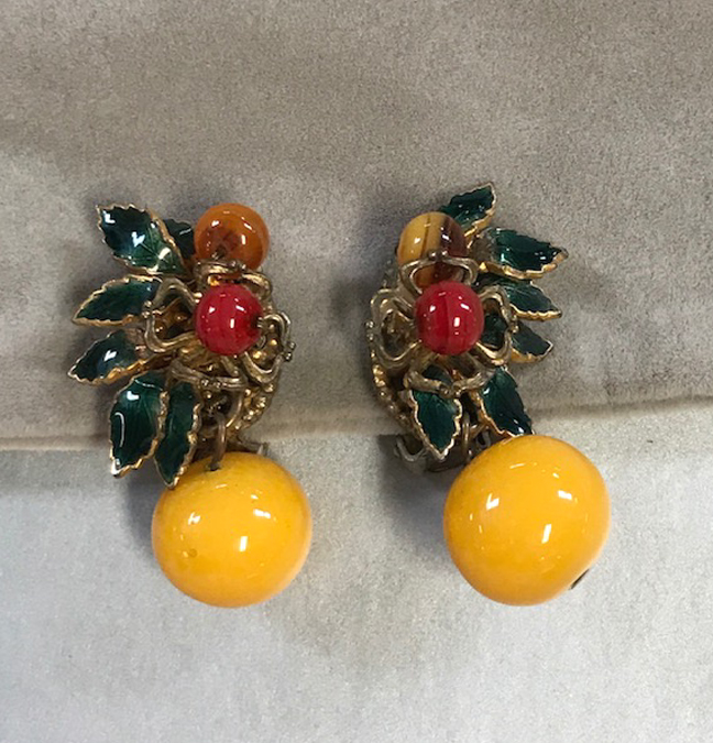 MIRIAM HASKELL unusual earrings with yellow, red, and topaz glass beads