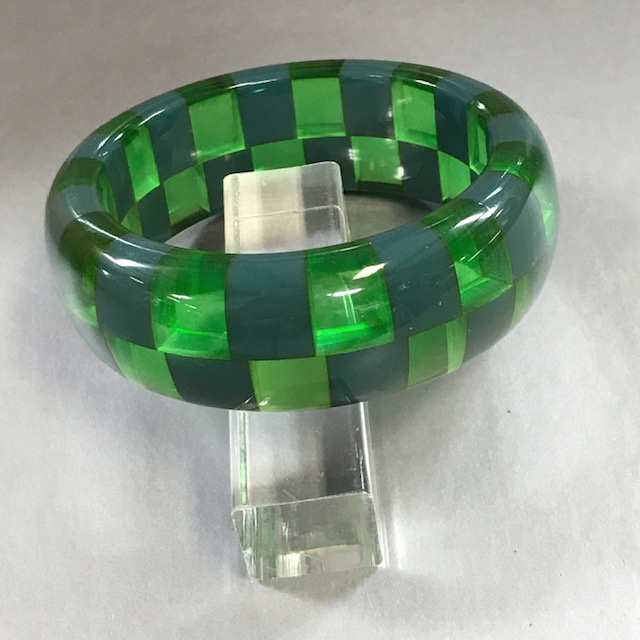 SHULTZ bakelite MAIDEN bangle, a two-row checked in rich blue and transparent green