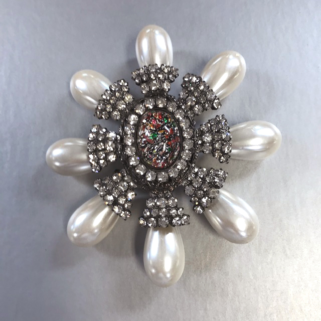 LARRY VRBA medallion brooch with an amazingly colorful crackled foiled center glass cabochon, glass pearls
