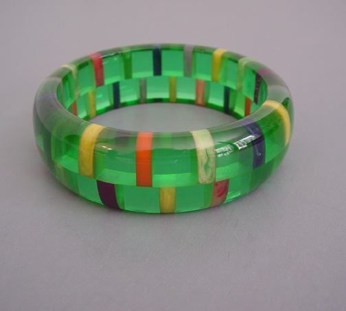 SHULTZ bakelite transparent green and multi-colored slices two row bangle