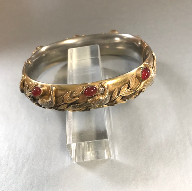 SANDOR partridge and yew leaves hinged bangle, carnelian colored glass cabochons