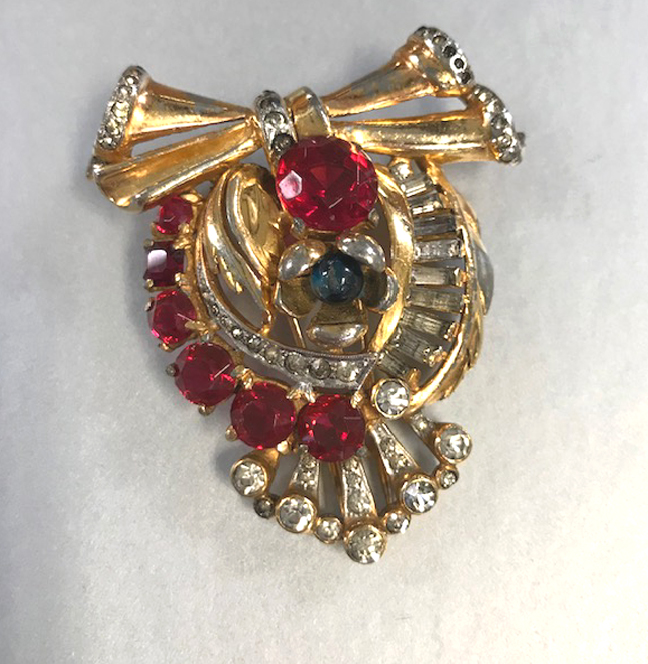 DEROSA fur clip bow, flower and leaf in red, blue and clear rhinestones and a center flower blossom