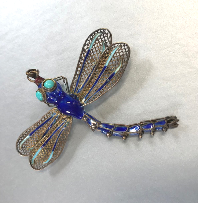 DRAGONFLY sterling and enamel dragonfly brooch or pendant with filigree wings, could be Chinese
