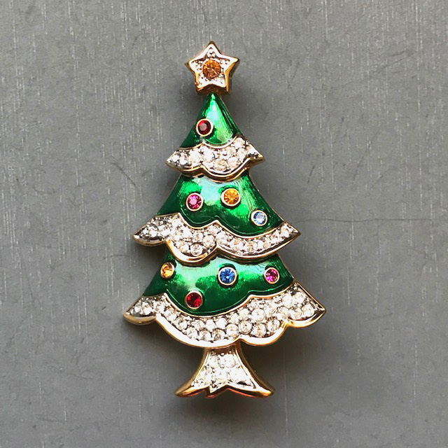 SWAROVSKI green enameled Christmas tree brooch with rhinestone ornaments
