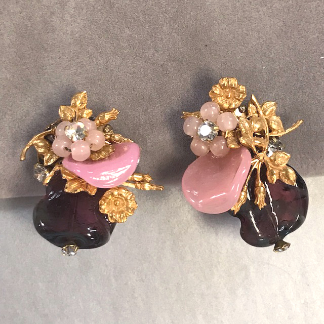 MIRIAM HASKELL earrings with purple and pink glass petals and gold tone metal flowers and leaves