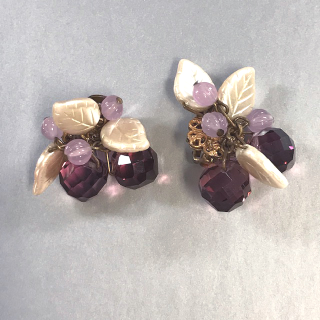 MIRIAM HASKELL by Frank Hess purple and pink glass petals earrings with pearlized glass leaves
