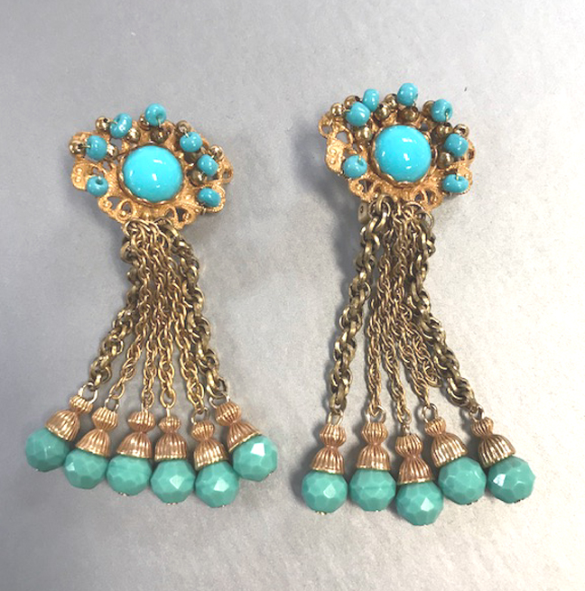 LARRY VRBA aqua glass bead earrings set in gold tone metal