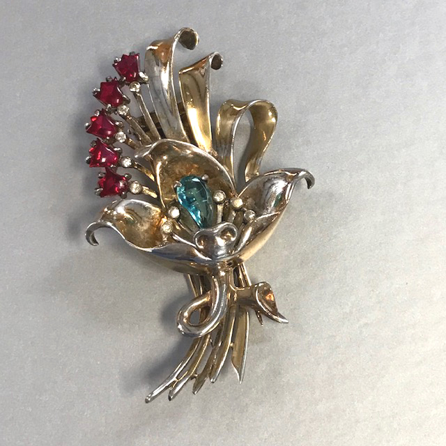 DEROSA flower fur clip with red tulip shaped cabochons, an aqua teardrop shaped center rhinestone and clear rhinestone accents