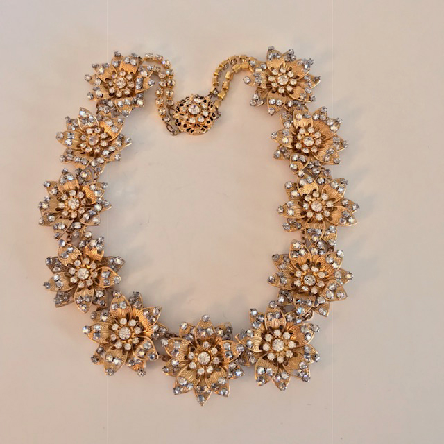 MIRIAM HASKELL necklace designed by Robert Clarke has brilliant stars or flowers with clear rose montee rhinestones