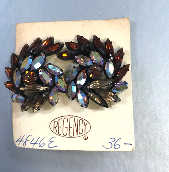 REGENCY earrings with a swirling design using chocolate brown and aurora borealis rhinestones
