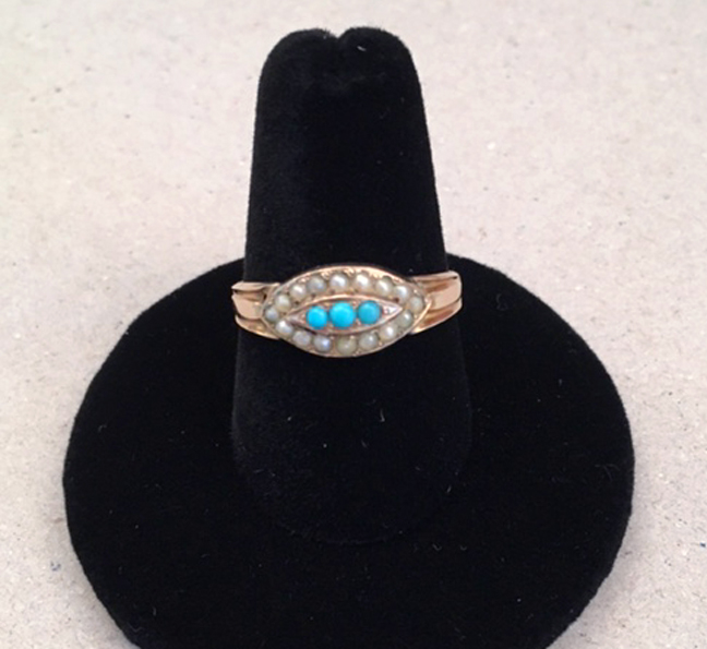 VICTORIAN 10k and turquoise ring, eye shape with tiny pearls