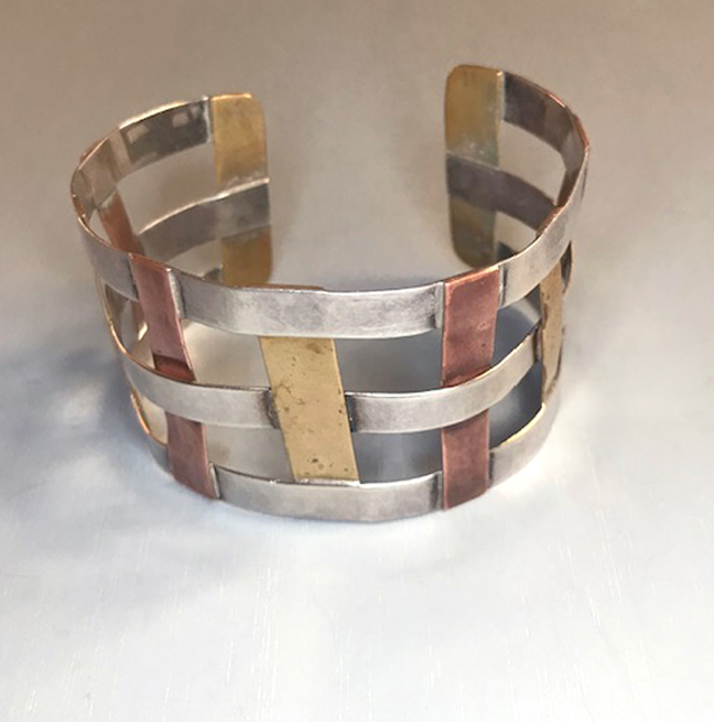 MIXED metal mid-century modern woven bands bracelet in sterling silver, copper and gold color