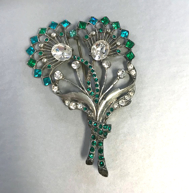 STARET Deco style double flower brooch with two tones of green rhinestones and clear rhinestone accents