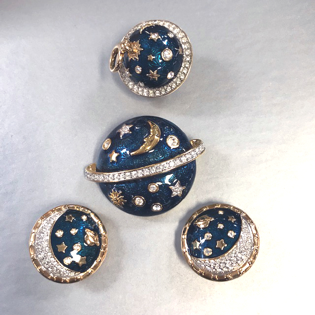 SWAROVSKI 1995 blue enamel planet brooch, pendant and earrings