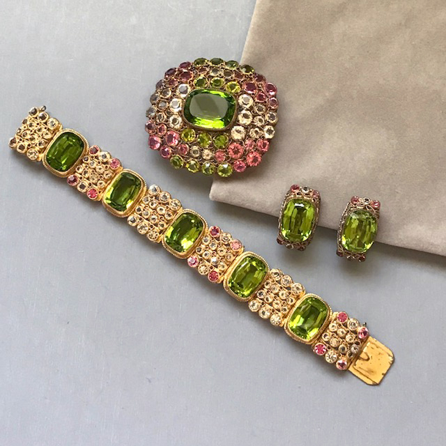 HOBE set of a bracelet, brooch and earrings all in citrine green, pink and clear rhinestones set in gold washed sterling filigree