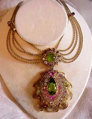 HOBE festoon necklace of pink, citrine and clear rhinestones with detachable brooch