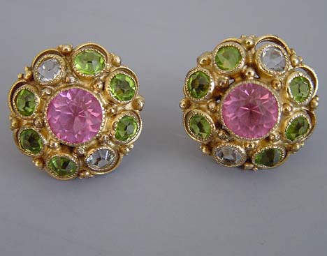 HOBE round earrings with pink, clear and citrine green colored unfoiled rhinestones set in gold washed sterling
