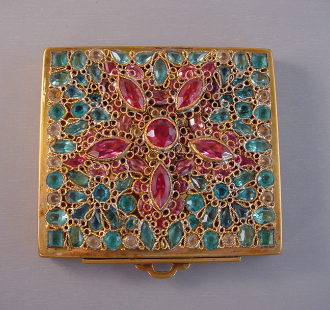 HOBE compact with aqua, pink and clear unfoiled rhinestones set in handmade gold tone filigree