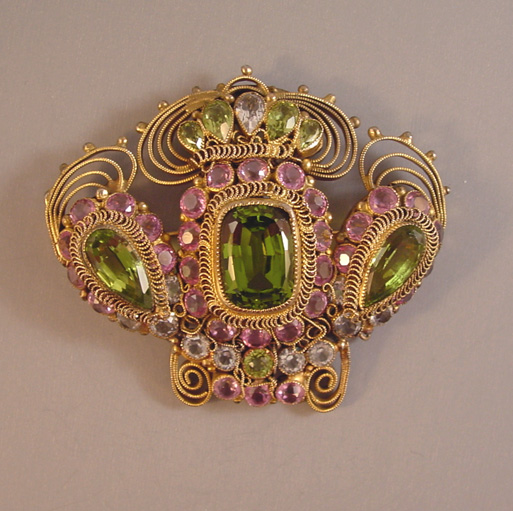 HOBE elegant brooch with citrine green and pink unfoiled rhinestones set in gold washed sterling hand made wire work with a flip-up loop