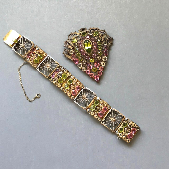 HOBE set of bracelet and brooch with pink and green rhinestones, both hand made in filigree wire work
