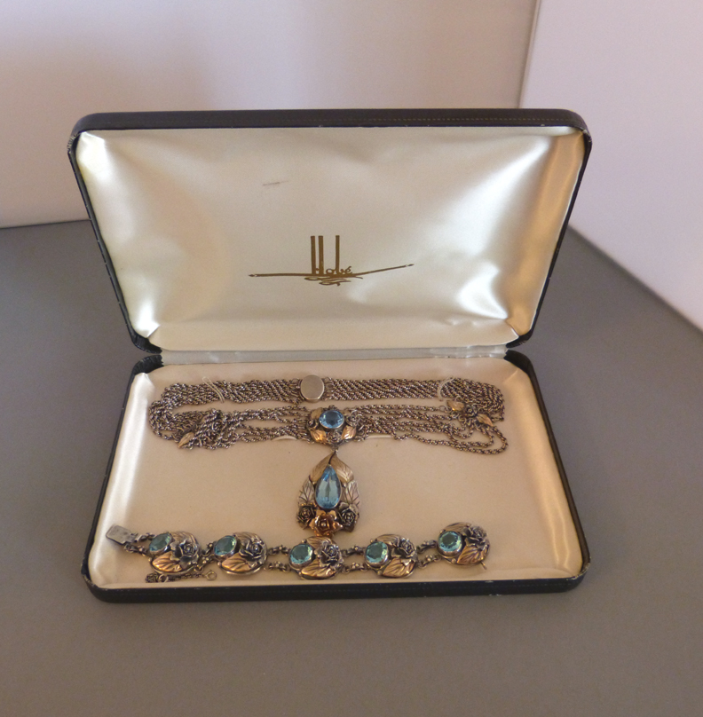 HOBE sterling and yellow gold necklace and bracelet set with pastel blue rhinestones with Hobe box