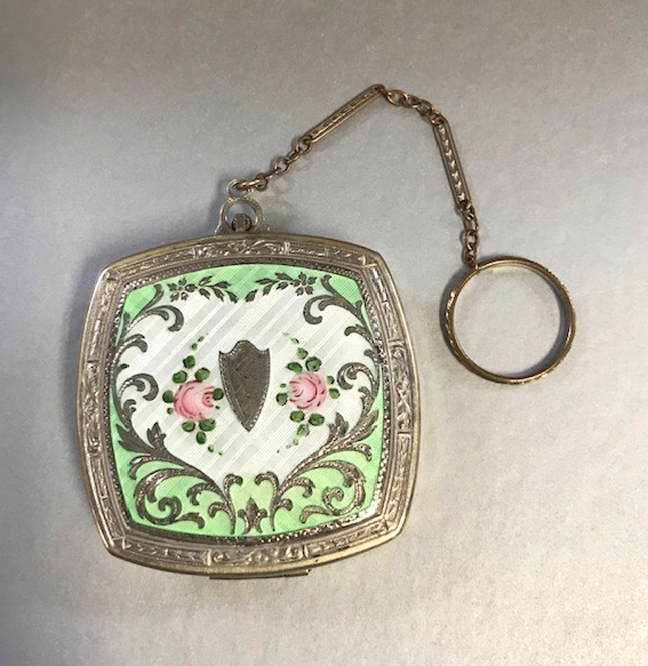 DANCE compact with finger ring and a lovely enameled top in soft green and white with dainty pink roses