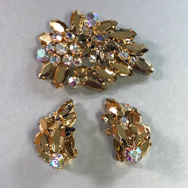 WEST GERMANY brooch and earrings with metallic finish golden rhinestones and aurora borealis