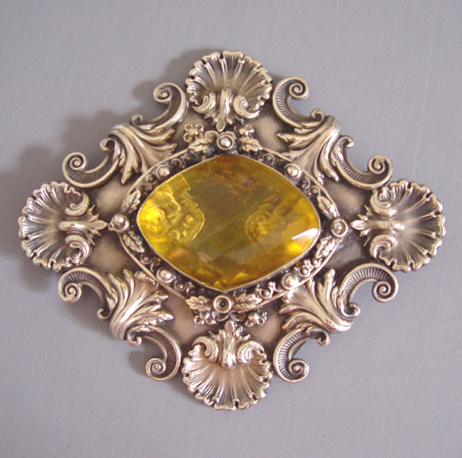 VICTORIAN dramatic sterling silver sash brooch with citrine-colored stone center