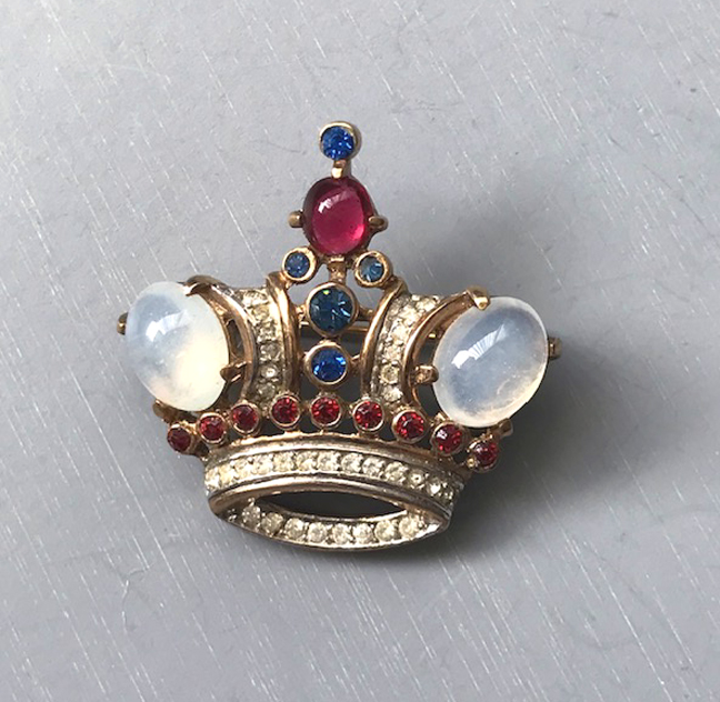TRIFARI sterling with a gold wash crown brooch with translucent opalescent glass cabochons
