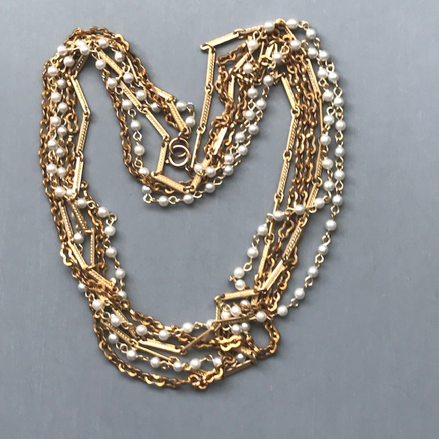 CORO gold tone metal chains and glass pearl necklace