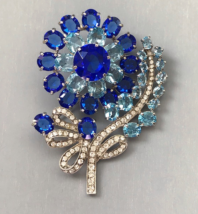 EISENBERG ICE large flower brooch with two tones of blue rhinestones with clear rhinestone accents