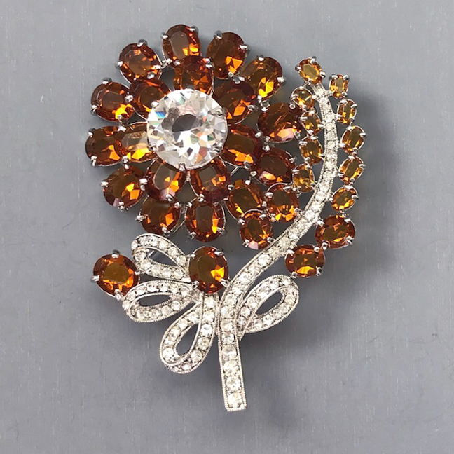 EISENBERG ICE large flower brooch with two tones of topaz colored rhinestones with clear rhinestone accents