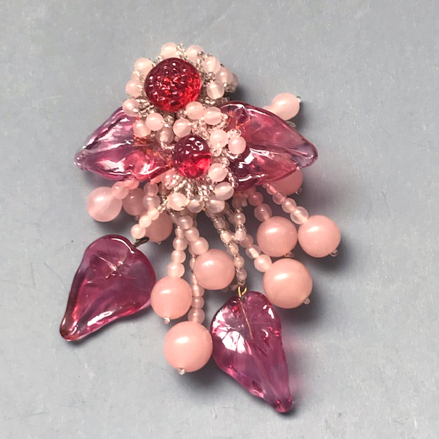 MIRIAM HASKELL by Frank Hess dress clip with two-tone pink and pomegranate colored glass leaves and beads