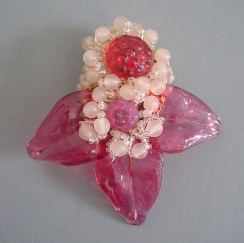 MIRIAM HASKELL by Frank Hess pink and rose color dress clip with glass beads and leaves