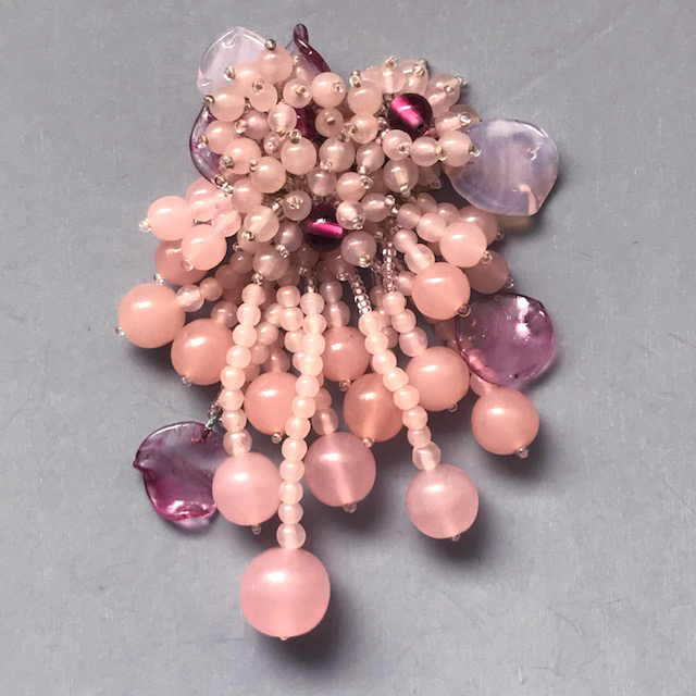 MIRIAM HASKELL by Frank Hess pink glass beads and leaves dress clip with rose colored glass leaves and beads accents