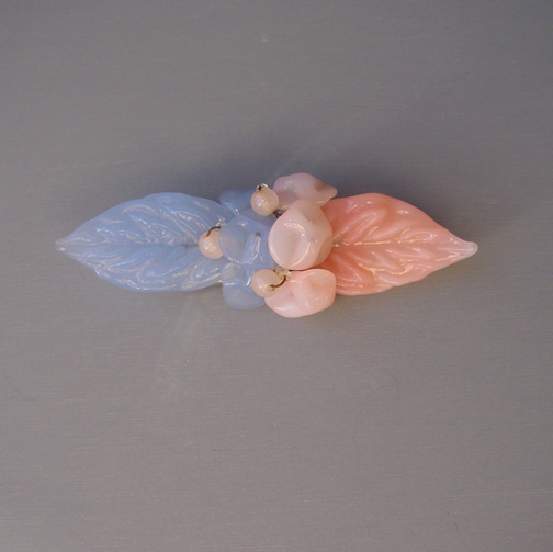 MIRIAM HASKELL by Frank Hess blue and pink glass florets, leaves and beads bar brooch