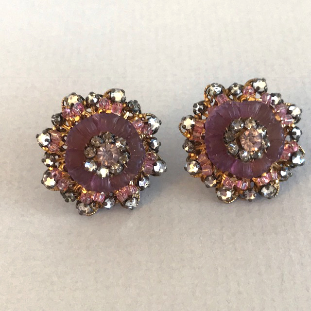 MIRIAM HASKELL lavender glass flower centered earrings with clear rose montee