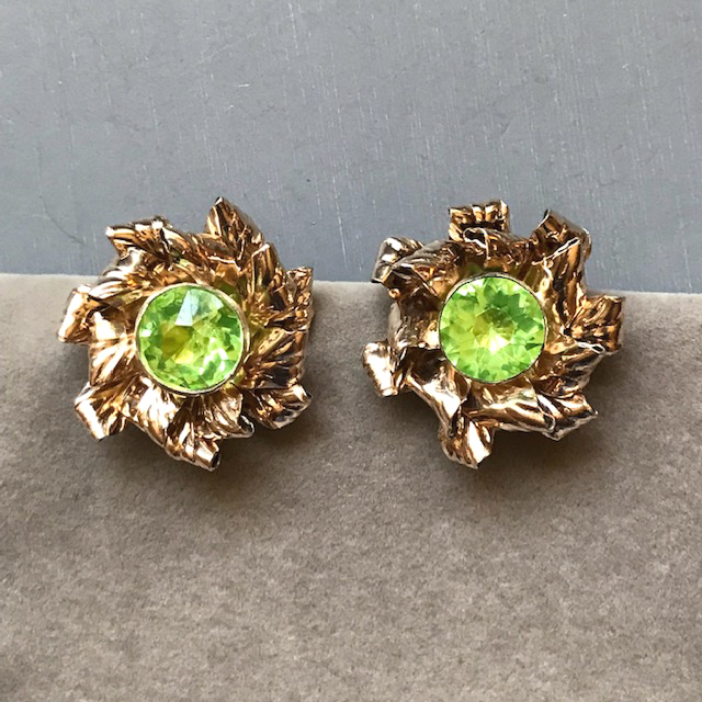 HOBE sterling silver fancy petal flower earrings with a center green rhinestone
