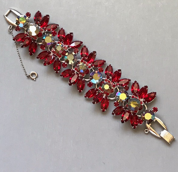 JULIANA DeLizza & Elster wide bracelet with brilliant red marquis shaped rhinestones and red and aurora borealis rhinestone accents