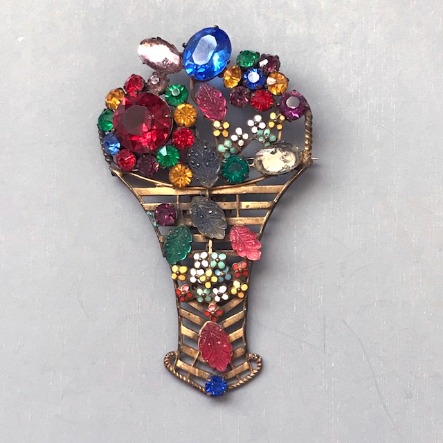 ANTIQUE basket brooch with colorful rhinestones, pressed glass leaves and tiny enameled flowers