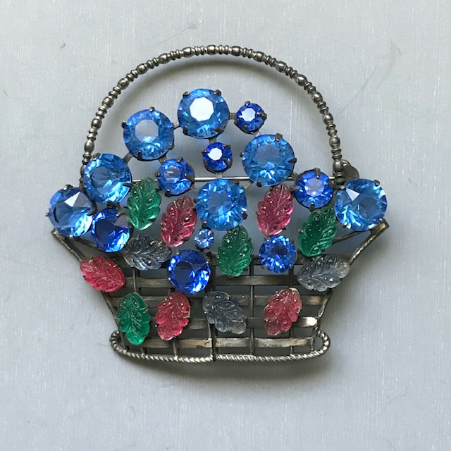 CZECH basket brooch with colorful and unusual stones including green, rose and blue pressed glass leaves