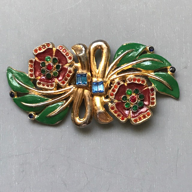 FLOWERS enameled Duette style brooch and dress clips combo in dusty red and green with red, blue