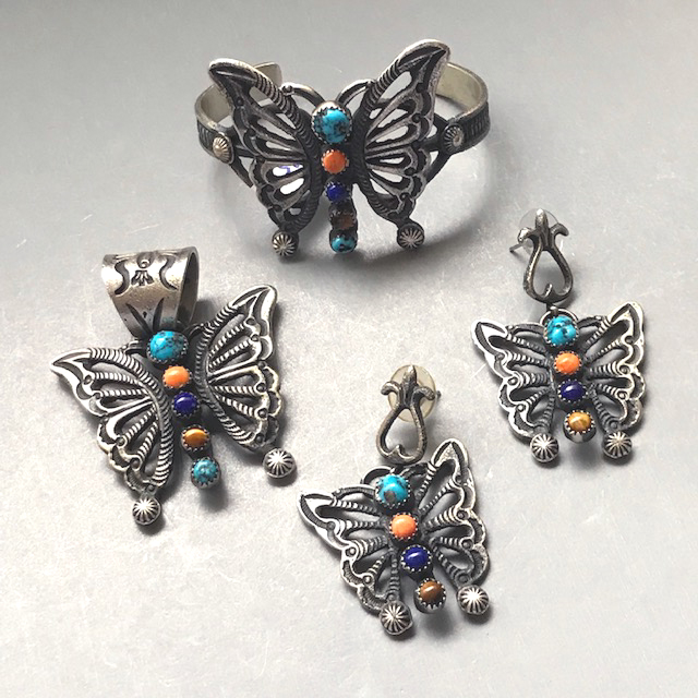 BILLAH Eva and Linberg Billah sterling butterfly 3-piece set, each piece with turquoise, tiger’s eye, lapis and coral